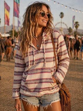 Roxy Striped Baja Hoodie Medium | Boho Festival Surf Pullover